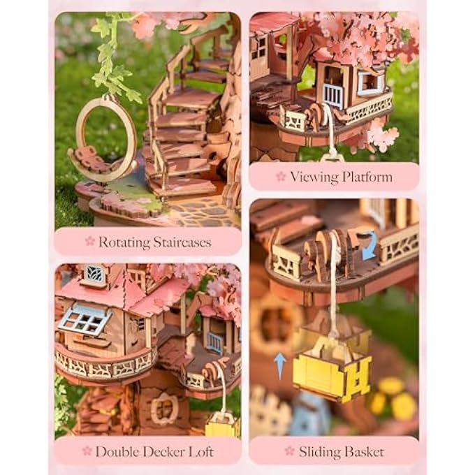DIY MINIATURE HOUSE KIT SAKURA TREE HOUSE 12" 3D WOODEN PUZZLE FOR ADULTS - JAPANESE CHERRY BLOSSOM MODEL BUILDING CRAFT, BONSAI DECOR, RELAXING HOBBY, UNIQUE GIFT - Image 4